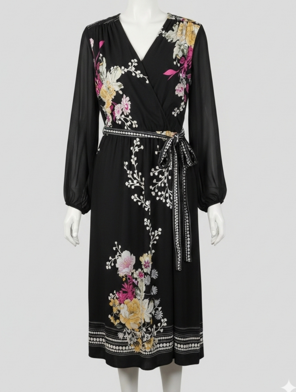 Studio 17 Black Floral Wrap Dress with Tie Waist and Long Sleeves